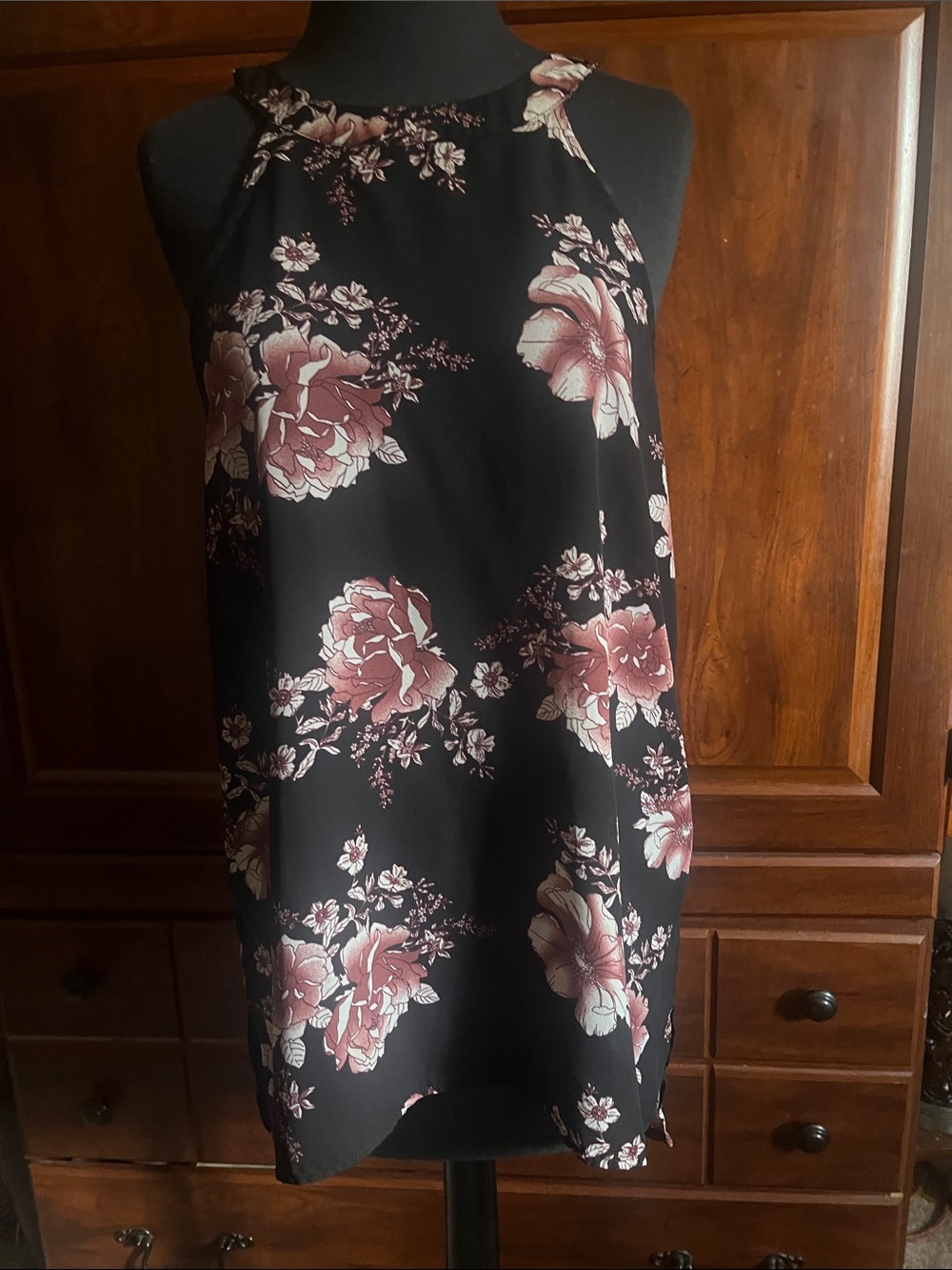 Paper Crane Black Mini Dress with Rose Floral Print